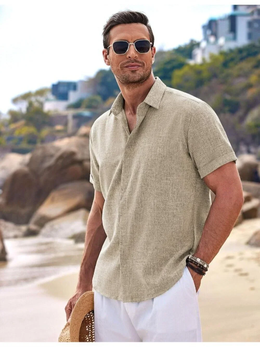 Men's Khaki Beach Linen Short Sleeve Casual Shirts Button Down